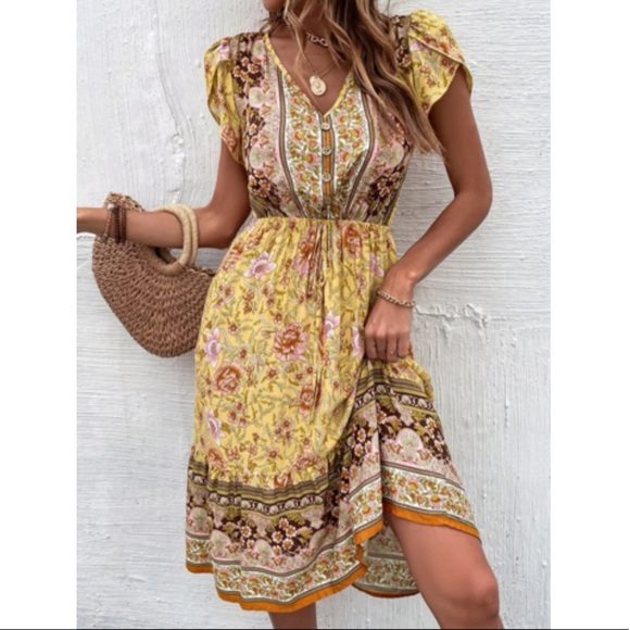 Boho floral print V neck ruffle hem dress - Picture 7 of 7